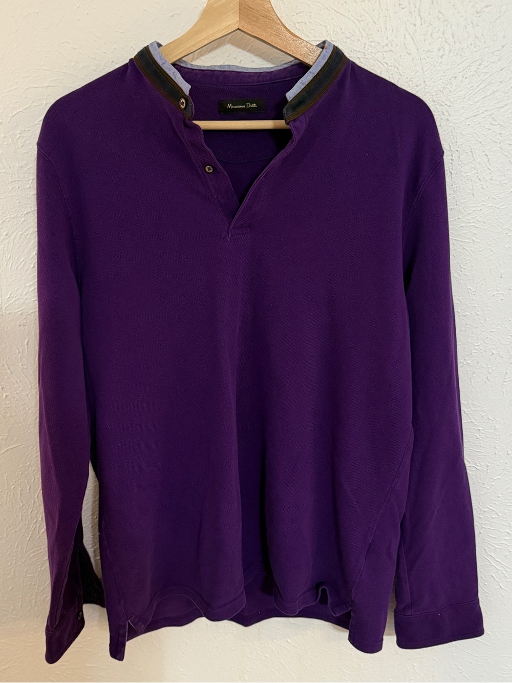 Massimo Dutti Men's Purple Long-Sleeve Henley Polo